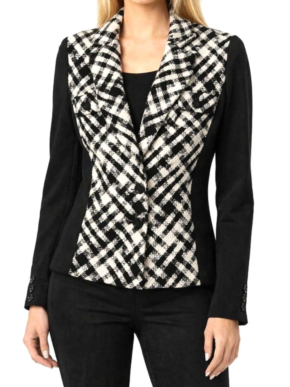 White House Black Market Plaid Blazer Black White Wool Blend size 2